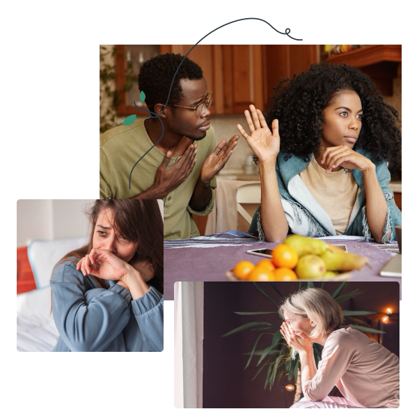 A couple in conflict alongside women processing the impact of betrayal